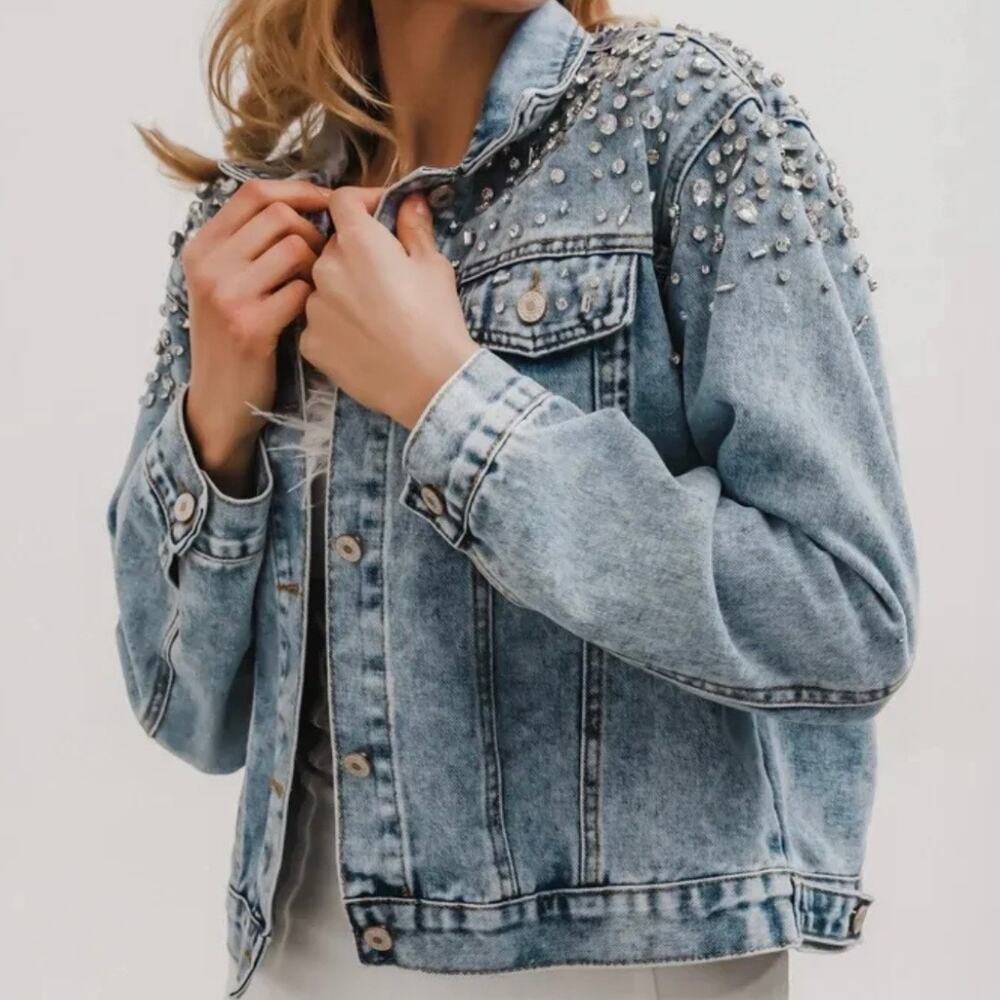 BOUTIQUE | Y2K Denim Jean Jacket Pearl Rhinestone Studded Light-Blue Coat | XL